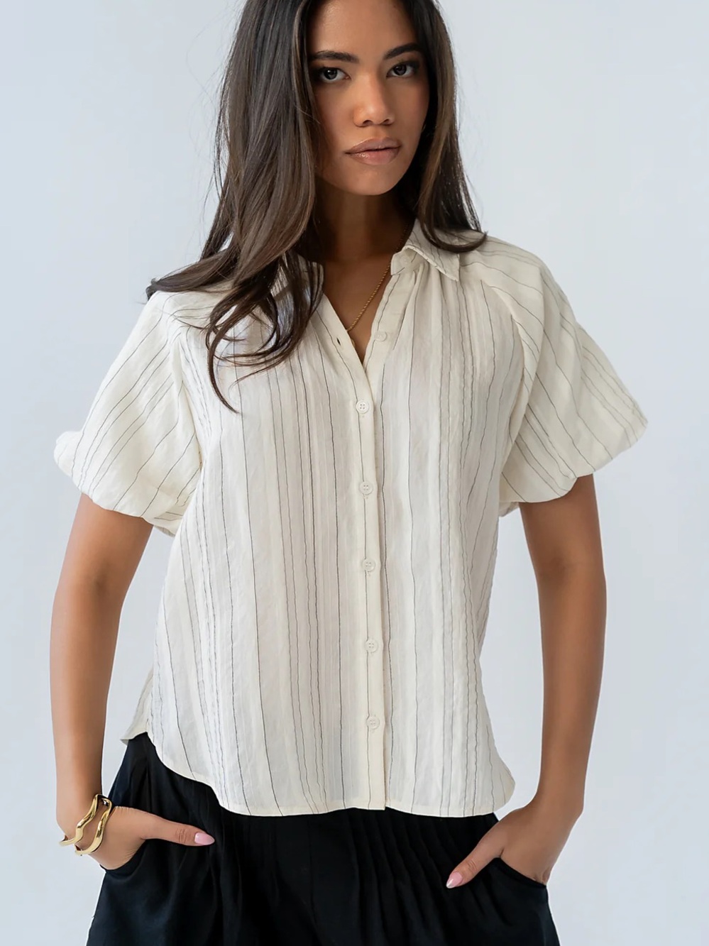 Bohme London Striped Button Up in Cream size Medium